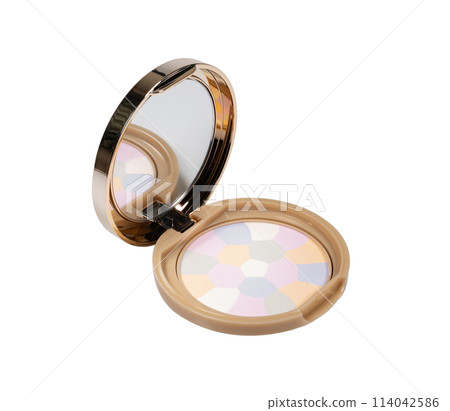 Face makeup powder in a plastic case with a brush on a white background Face makeup powder in a plastic case with a brush on a white background 114042586
