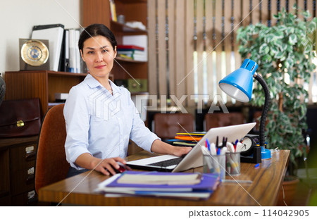 Smiling businesswoman working with laptop and papers at office desk 114042905