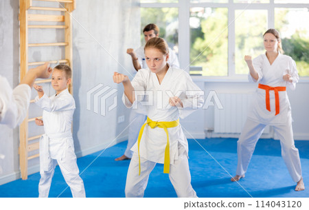 Teen girl with family repeat movements and learn fighting techniques during martial arts lesson 114043120