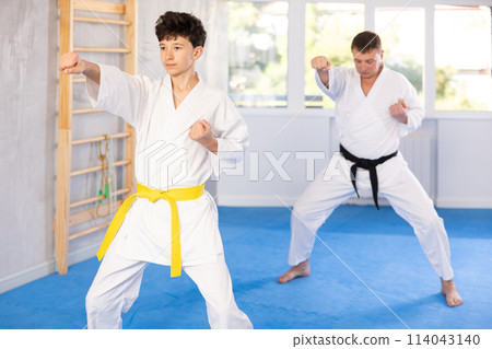 Man and boy teenager train karate technique 114043140