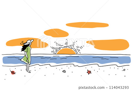 一名婦女在海灘上行走的彩色線條畫插圖 一名婦女在海灘上行走的彩色線條畫插圖 114043293