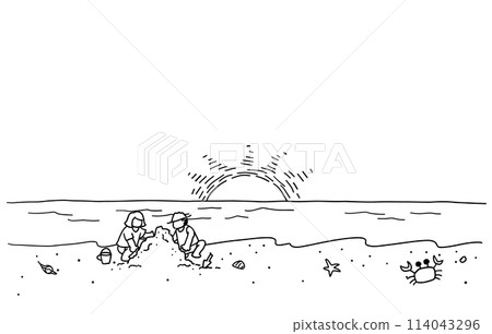 孩子們在海灘上玩耍的黑白線條畫插圖 114043296