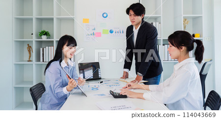 Diverse startup young people and partnership brainstorm while meeting project at meeting room 114043669