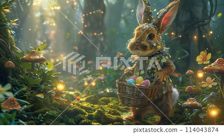 Easter Bunny rabbit with egg in wonderland. Generative AI 114043874
