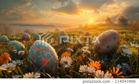 Easter Bunny rabbit with egg in wonderland. Generative AI Easter Bunny rabbit with egg in wonderland. Generative AI 114043906
