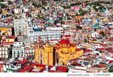 Aerial view of the old town of Guanajuato with the Basilica and the University. UNESCO world heritage in Mexico Aerial view of the old town of Guanajuato with the Basilica and the University. UNESCO world heritage in Mexico 114044000