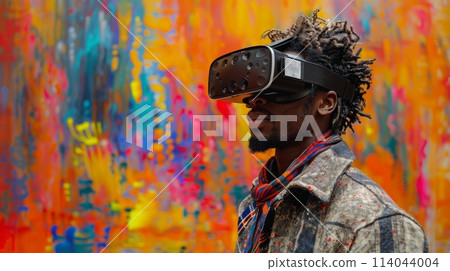 A boy wearing VR headset user, surreal world and virtual reality, colorful flowers fields. Generative AI 114044004