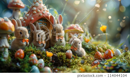 Easter Bunny rabbit with egg in wonderland. Generative AI 114044104