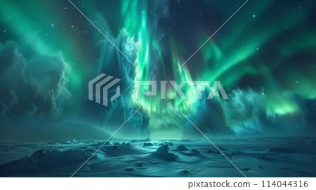 A digital representation of a black hole with a glowing accretion disk and dynamic particle jets in deep space. Generative AI 114044316
