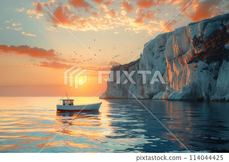 A boat is floating on the ocean near a cliff A boat is floating on the ocean near a cliff 114044425