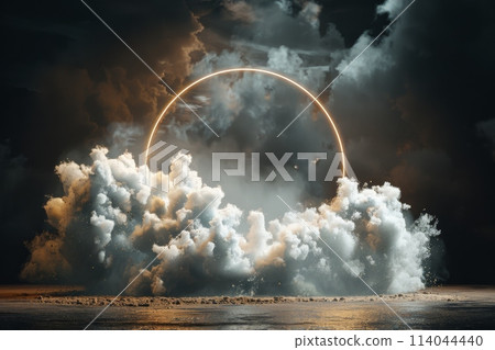 A large cloud of smoke is blowing over a body of water 114044440