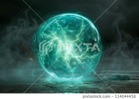 A glowing green orb with a blue aura 114044458