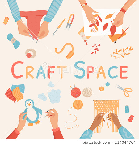 Flat handmade art craft space banner concept, cartoon hands create colorful craftwork hobby collection, creative workshop top view vector illustration, handicraft children activity social concept 114044764