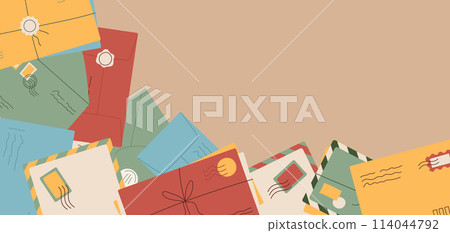 Cartoon paper letter and mail background template, creative style handwritten envelope with stamp and mark, documents and message inside, trendy flat handmade post card design template Cartoon paper letter and mail background template, creative style handwritten envelope with stamp and mark, documents and message inside, trendy flat handmade post card design template 114044792