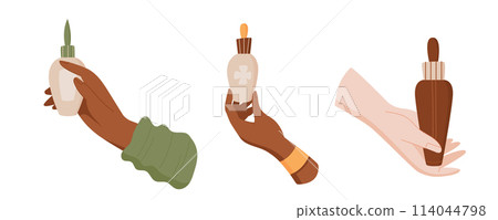 Flat isolated beauty cream bottle in hand, minimal antiaging skin care shampoo jar, colorful organic makeup product set, cartoon cleansing hygiene pack collection, vector illustration. 114044798