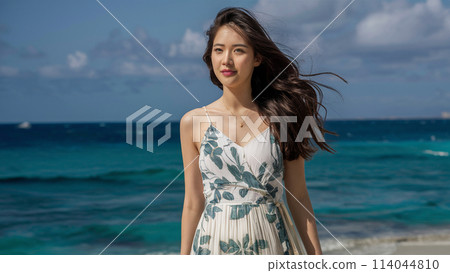 A woman in a dress standing on the beach 114044810