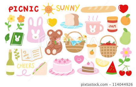 Illustration of summer picnic elements such as fruit basket, flowers, teddy bear, sun, bread, jam, orange, lemon, mango, watermelon, cherry, warm drink, sandwich, cake, champagne, shopping bag, diary Illustration of summer picnic elements such as fruit basket, flowers, teddy bear, sun, bread, jam, orange, lemon, mango, watermelon, cherry, warm drink, sandwich, cake, champagne, shopping bag, diary 114044926