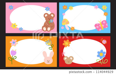 Illustration of colourful rectangle banner set with teddy bear, bunny, flower, butterfly for frame, ad template, background, wallpaper, backdrop, animal, zoo, poster, post card, picnic, spring, summer Illustration of colourful rectangle banner set with teddy bear, bunny, flower, butterfly for frame, ad template, background, wallpaper, backdrop, animal, zoo, poster, post card, picnic, spring, summer 114044929