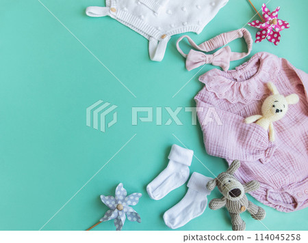 Set of pink clothes and accessories for newborn baby. Knitted toys rabbit and dog, romper, socks and handband Set of pink clothes and accessories for newborn baby. Knitted toys rabbit and dog, romper, socks and handband 114045258