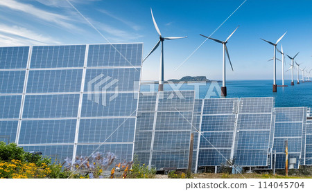 Solar panels and wind turbines lined up on the sea 114045704