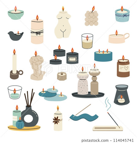 Various candles. Wax candle illustration. Soy wax candles in jar. Different shapes and sizes. Vector clipart collection 114045741