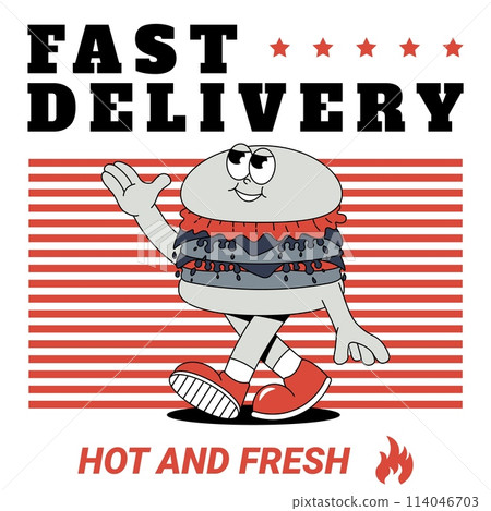 Funky burger card in retro groovy style. Trendy illustration. Cool maskot for cafe, bar, restaurant. Vector illustration 114046703
