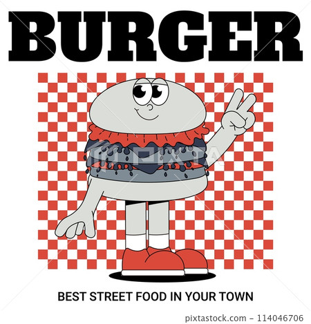 Funky burger card in retro groovy style. Trendy illustration. Cool maskot for cafe, bar, restaurant. Vector illustration 114046706