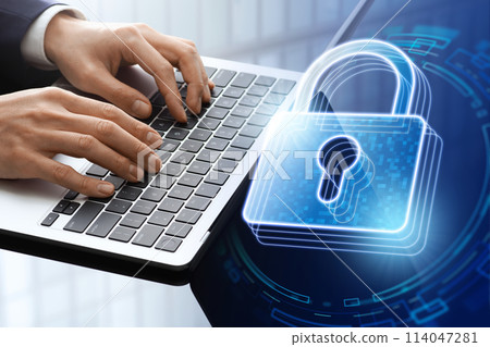 Information security or cyber security image. Encrypted communication and secure login. Laptop Information security or cyber security image. Encrypted communication and secure login. Laptop 114047281