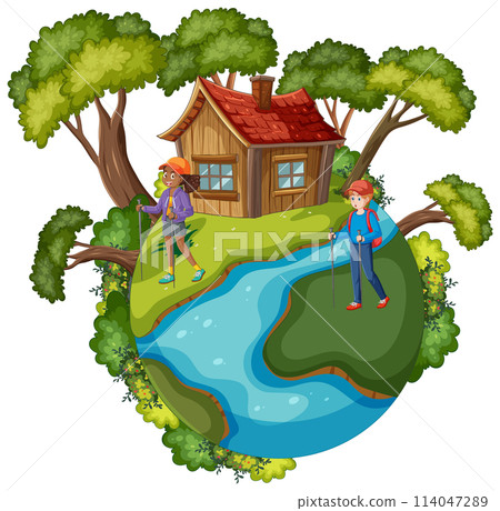 Hiking Adventure Near a Forest Cabin 114047289