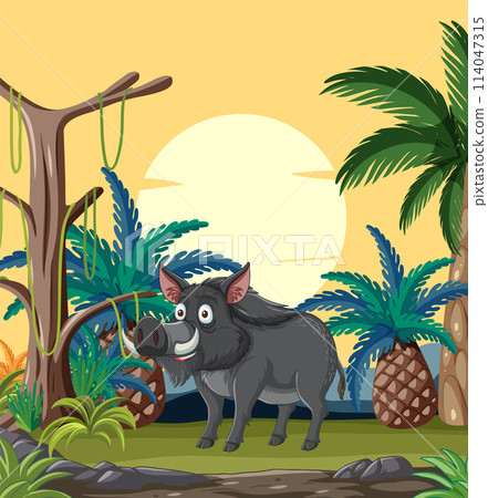 Cheerful Boar in Tropical Jungle Scene Cheerful Boar in Tropical Jungle Scene 114047315