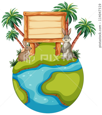 Rabbits on Tropical Island with Wooden Sign Rabbits on Tropical Island with Wooden Sign 114047319