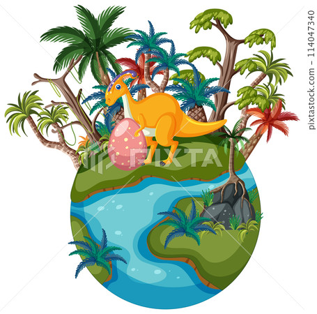 Dinosaur on Tropical Island with Egg Dinosaur on Tropical Island with Egg 114047340