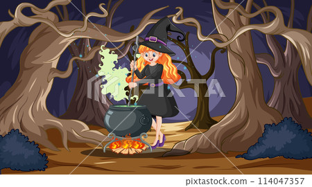 Witch Brewing Potion in Enchanted Forest Witch Brewing Potion in Enchanted Forest 114047357