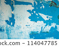 Close up on old grunge metal wall in outdoor of building with rough surface painted by blue color. 114047785