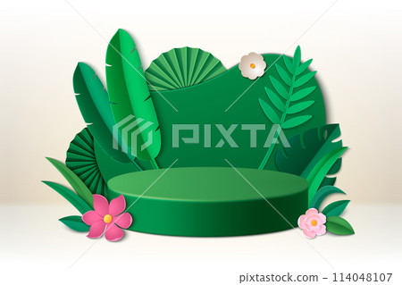 3d green product podium with paper leaves 114048107