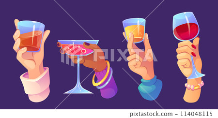 Set of hands with cocktail glasses Set of hands with cocktail glasses 114048115