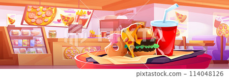 Fast food cafe interior with burger and counter Fast food cafe interior with burger and counter 114048126