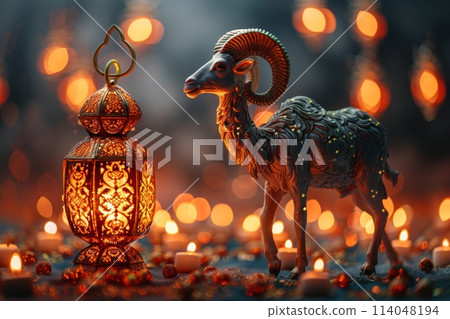 Portrait of a ram and a lamp. The Eid al-Adha Mubarak holiday, which is celebrated after the completion of the annual Hajj. The Feast of Sacrifice Portrait of a ram and a lamp. The Eid al-Adha Mubarak holiday, which is celebrated after the completion of the annual Hajj. The Feast of Sacrifice 114048194