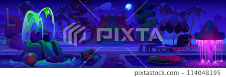 Night summer waterpark with slide and pool cartoon 114048195