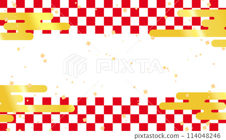 Background illustration of a red and white checkered pattern with clouds and gold leaf 114048246