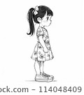 Line drawing of a little girl wearing a floral dress 114048409