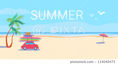 Summer sea background Ocean shore Car suitcases surfboard Beach striped umbrella. Marine Landscape tropical coast palm tree. Texture Flat Vector Summer sea background Ocean shore Car suitcases surfboard Beach striped umbrella. Marine Landscape tropical coast palm tree. Texture Flat Vector 114048473