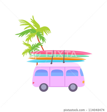 Isolated cute retro Lilac bus Colorful surfboards Vacation trip Tropical palm tree Flat vector print summer poster poster clothing paper 114048474