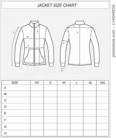 Zip up jacket size chart. 114048656