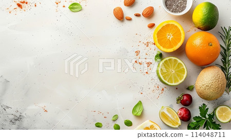 organic food. Fresh fruits and nuts on light concrete background , copy space 114048711