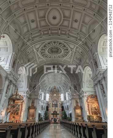 Interior architecture view of St. Michael's Church (Michaelskirche Jesuit church) in Munich. 114048712