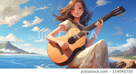 Woman playing guitar on the beach 114048780
