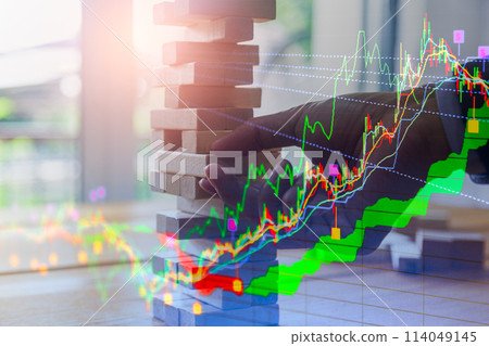 Stock market or forex trading graph and candlestick chart suitable for financial investment concept. Economy trends background for business idea and all art work design. Abstract finance background.. 114049145