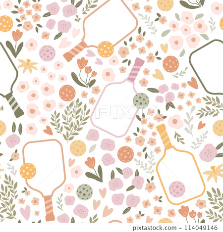 Pickleball floral pattern with paddles, balls, flowers, leaves Vector summer game repeat background, sporty print 114049146
