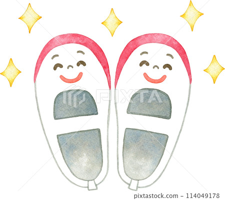 整齊排列的微笑室內鞋的水彩插圖 114049178